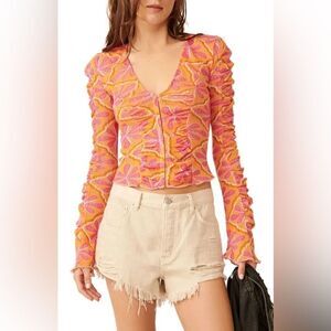 Free People NWT Through The Meadow Ruched Mesh Top in Grapefruit Seltzer size M